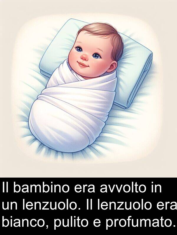 bianco: Il bambino era avvolto in un lenzuolo. Il lenzuolo era bianco, pulito e profumato.