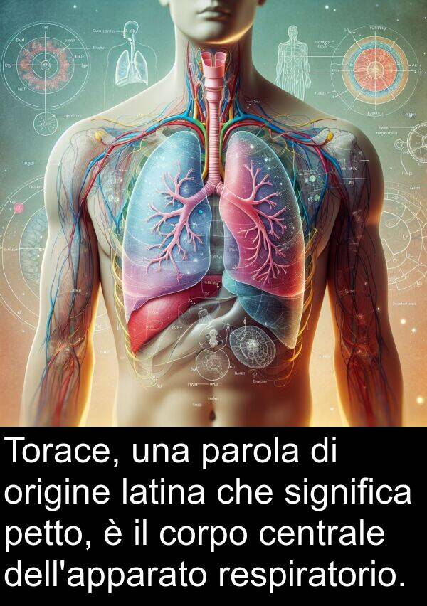 parola: Torace, una parola di origine latina che significa petto, è il corpo centrale dell'apparato respiratorio.