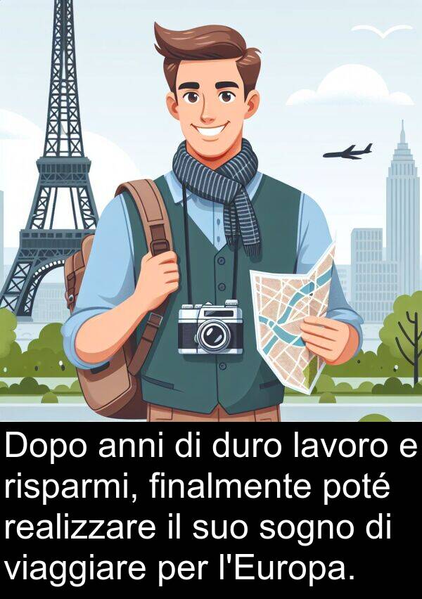 anni: Dopo anni di duro lavoro e risparmi, finalmente poté realizzare il suo sogno di viaggiare per l'Europa.