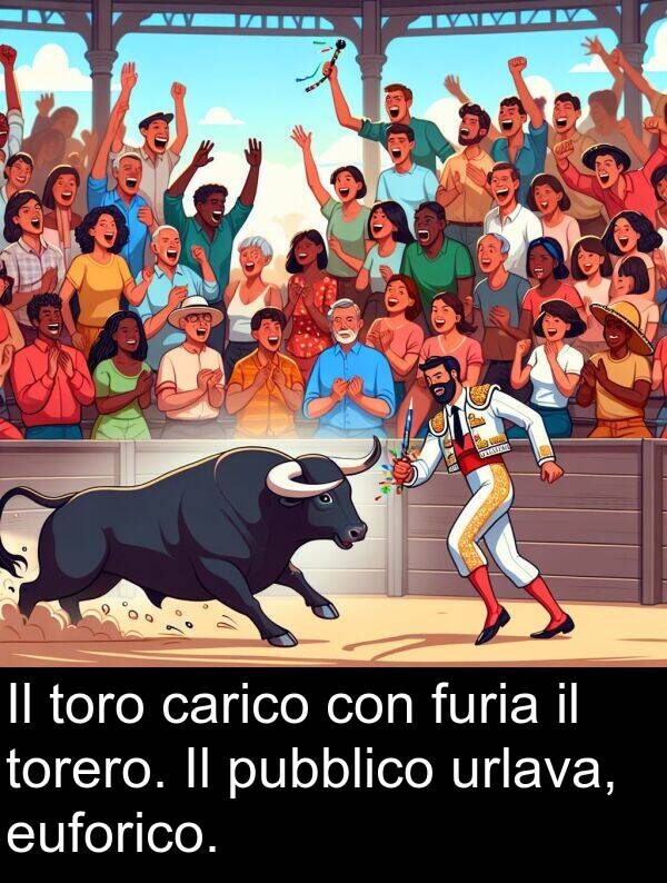 carico: Il toro carico con furia il torero. Il pubblico urlava, euforico.