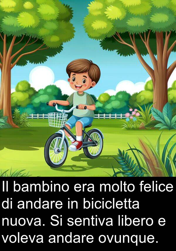 felice: Il bambino era molto felice di andare in bicicletta nuova. Si sentiva libero e voleva andare ovunque.