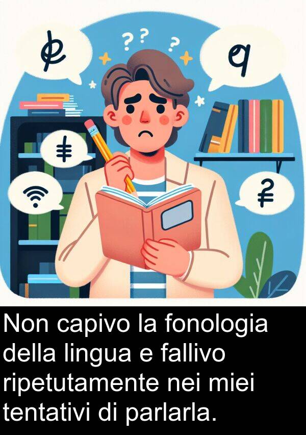 lingua: Non capivo la fonologia della lingua e fallivo ripetutamente nei miei tentativi di parlarla.