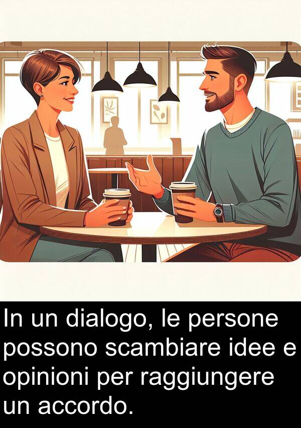 opinioni: In un dialogo, le persone possono scambiare idee e opinioni per raggiungere un accordo.