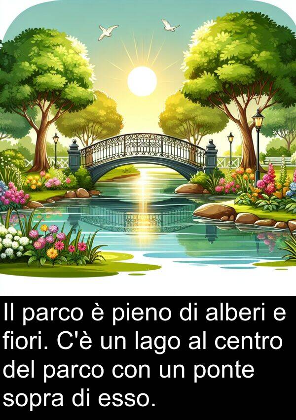 pieno: Il parco è pieno di alberi e fiori. C'è un lago al centro del parco con un ponte sopra di esso.