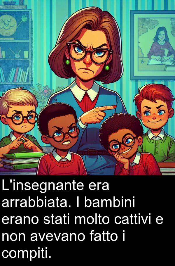 fatto: L'insegnante era arrabbiata. I bambini erano stati molto cattivi e non avevano fatto i compiti.