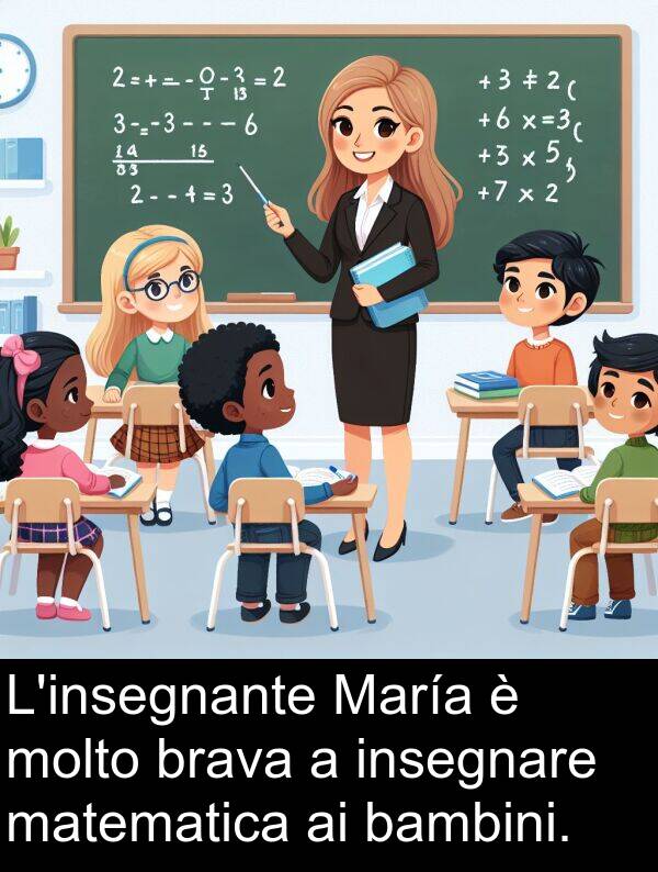 bambini: L'insegnante María è molto brava a insegnare matematica ai bambini.