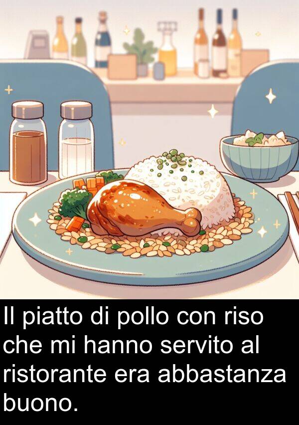 abbastanza: Il piatto di pollo con riso che mi hanno servito al ristorante era abbastanza buono.