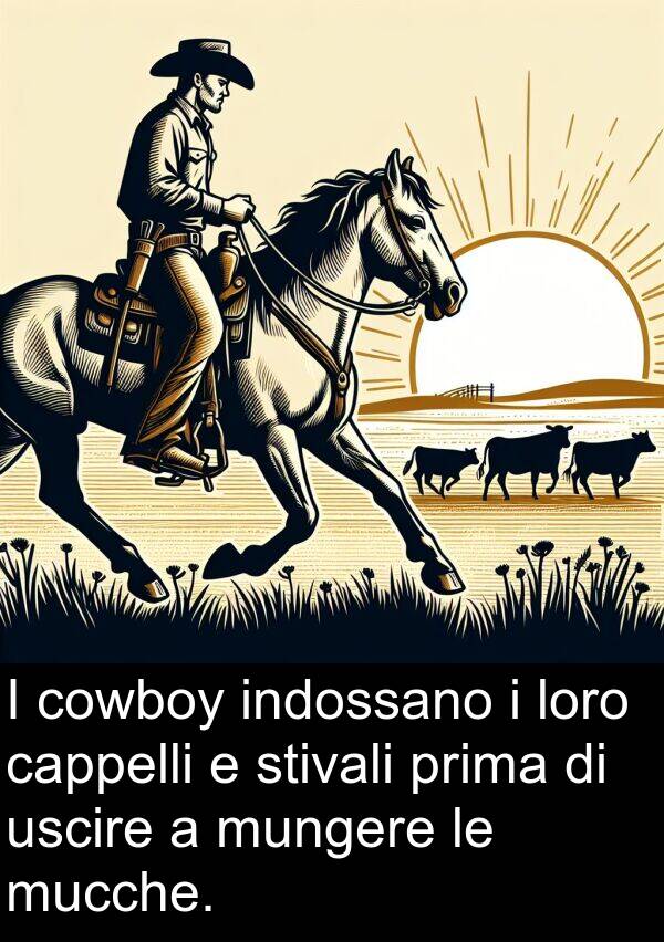 cappelli: I cowboy indossano i loro cappelli e stivali prima di uscire a mungere le mucche.