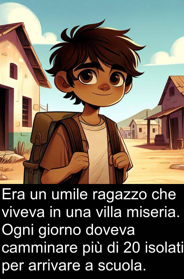 camminare: Era un umile ragazzo che viveva in una villa miseria. Ogni giorno doveva camminare più di 20 isolati per arrivare a scuola.