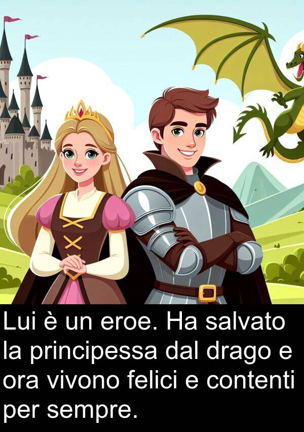 principessa: Lui è un eroe. Ha salvato la principessa dal drago e ora vivono felici e contenti per sempre.