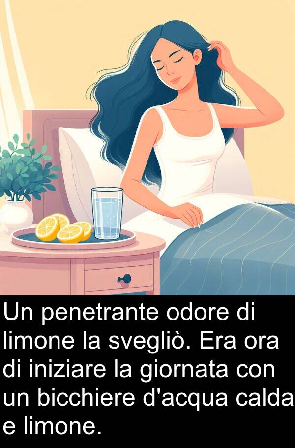 giornata: Un penetrante odore di limone la svegliò. Era ora di iniziare la giornata con un bicchiere d'acqua calda e limone.