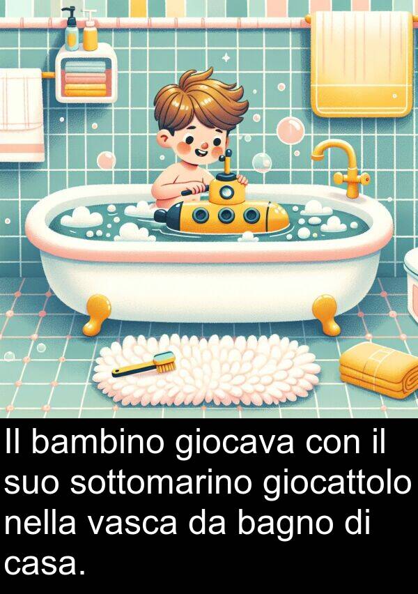 vasca: Il bambino giocava con il suo sottomarino giocattolo nella vasca da bagno di casa.