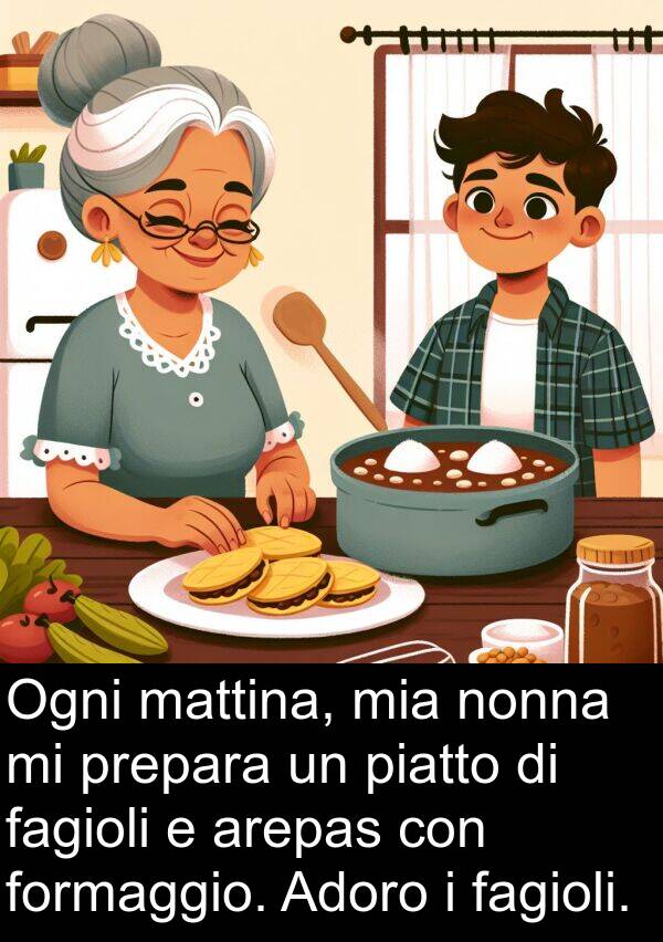 nonna: Ogni mattina, mia nonna mi prepara un piatto di fagioli e arepas con formaggio. Adoro i fagioli.