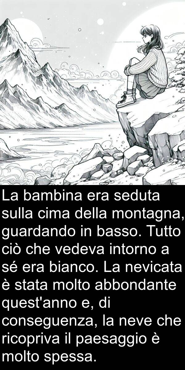 intorno: La bambina era seduta sulla cima della montagna, guardando in basso. Tutto ciò che vedeva intorno a sé era bianco. La nevicata è stata molto abbondante quest'anno e, di conseguenza, la neve che ricopriva il paesaggio è molto spessa.