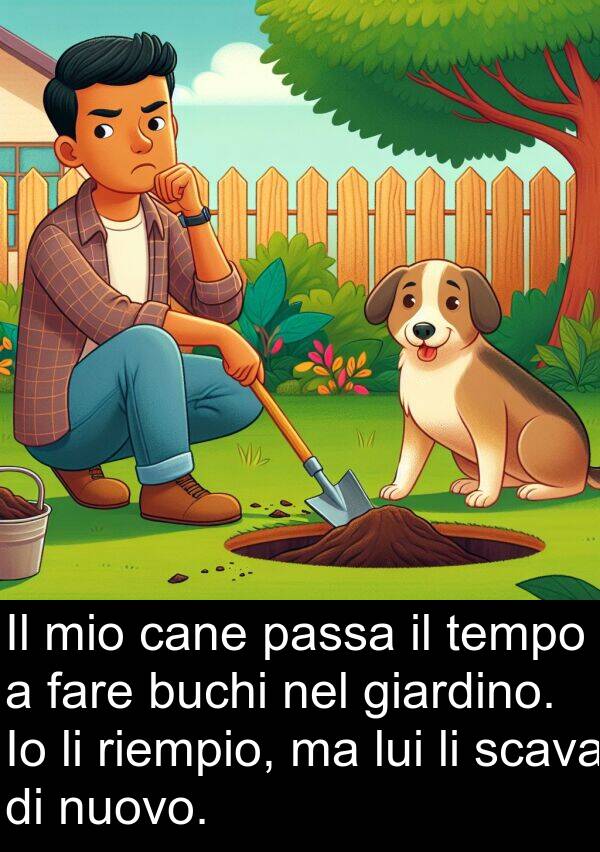 passa: Il mio cane passa il tempo a fare buchi nel giardino. Io li riempio, ma lui li scava di nuovo.