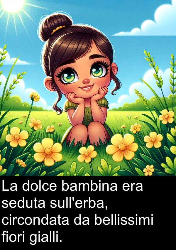 gialli: La dolce bambina era seduta sull'erba, circondata da bellissimi fiori gialli.