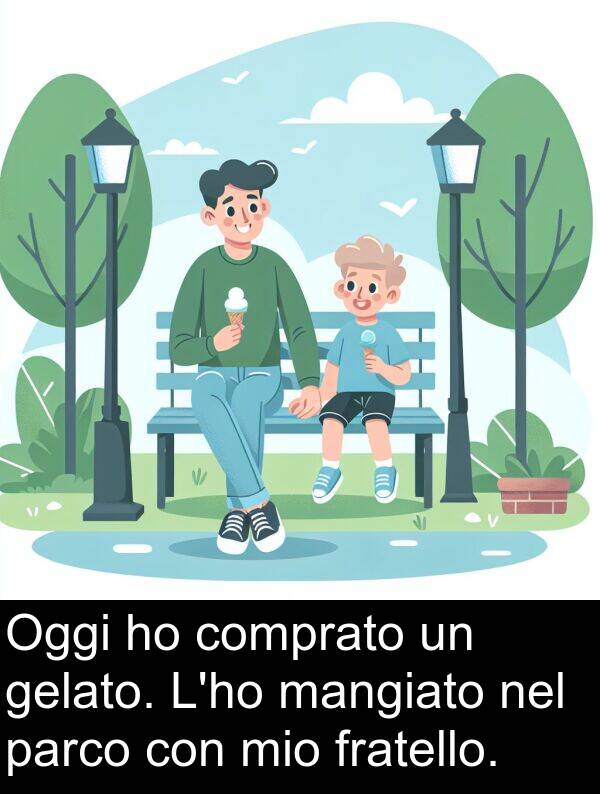 gelato: Oggi ho comprato un gelato. L'ho mangiato nel parco con mio fratello.