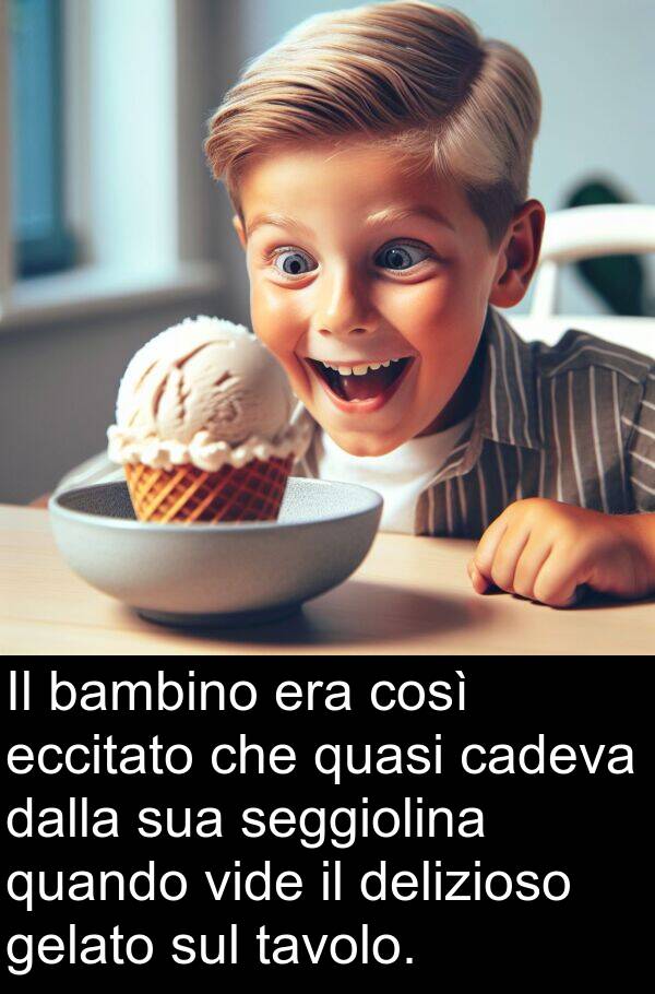 delizioso: Il bambino era così eccitato che quasi cadeva dalla sua seggiolina quando vide il delizioso gelato sul tavolo.