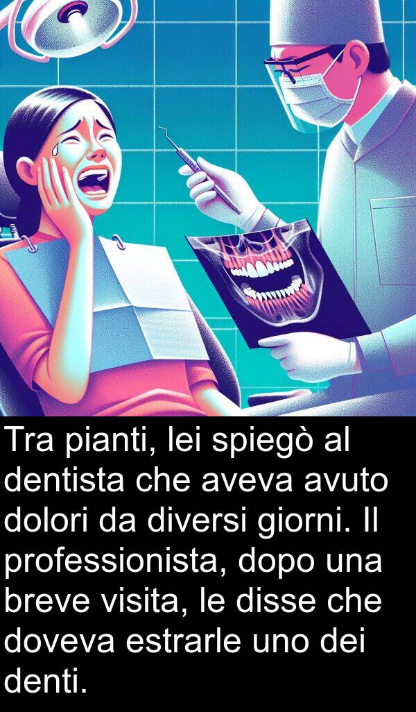 dentista: Tra pianti, lei spiegò al dentista che aveva avuto dolori da diversi giorni. Il professionista, dopo una breve visita, le disse che doveva estrarle uno dei denti.