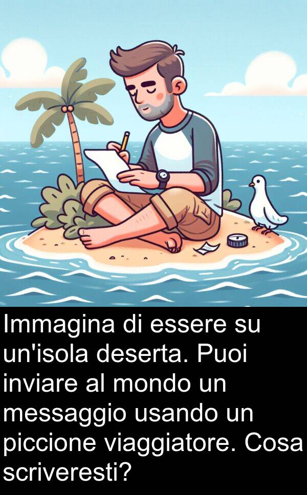 deserta: Immagina di essere su un'isola deserta. Puoi inviare al mondo un messaggio usando un piccione viaggiatore. Cosa scriveresti?