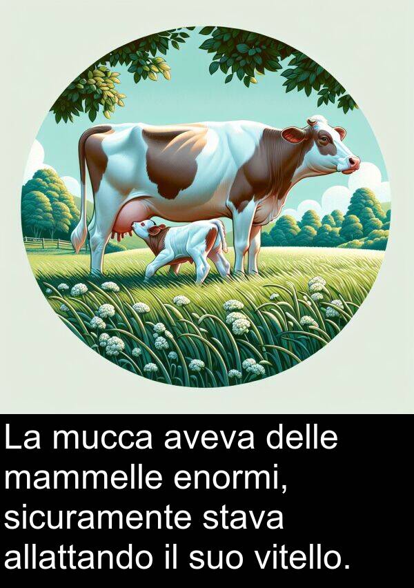 aveva: La mucca aveva delle mammelle enormi, sicuramente stava allattando il suo vitello.