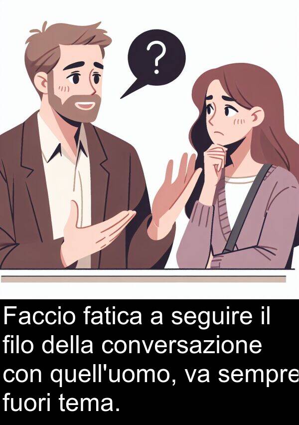 fatica: Faccio fatica a seguire il filo della conversazione con quell'uomo, va sempre fuori tema.