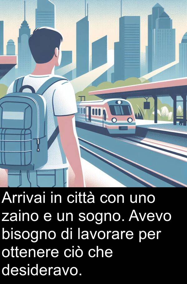 zaino: Arrivai in città con uno zaino e un sogno. Avevo bisogno di lavorare per ottenere ciò che desideravo.