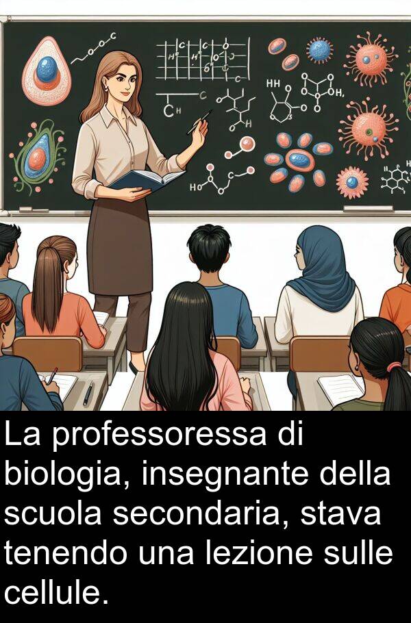 tenendo: La professoressa di biologia, insegnante della scuola secondaria, stava tenendo una lezione sulle cellule.