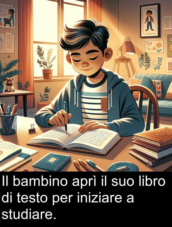 bambino: Il bambino aprì il suo libro di testo per iniziare a studiare.