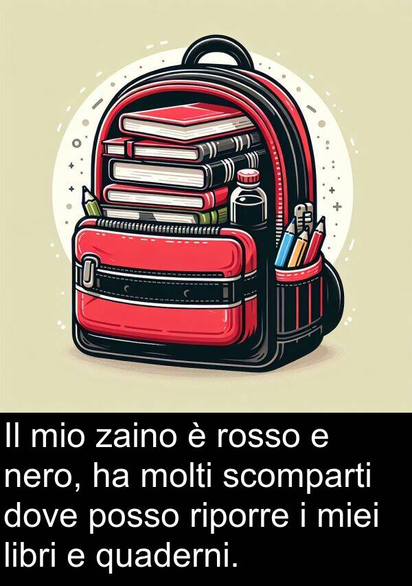 zaino: Il mio zaino è rosso e nero, ha molti scomparti dove posso riporre i miei libri e quaderni.