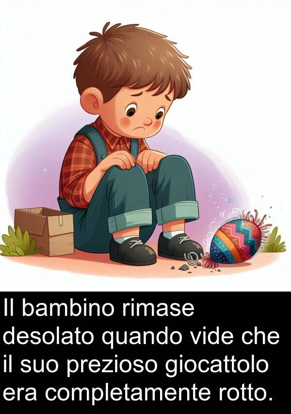 desolato: Il bambino rimase desolato quando vide che il suo prezioso giocattolo era completamente rotto.