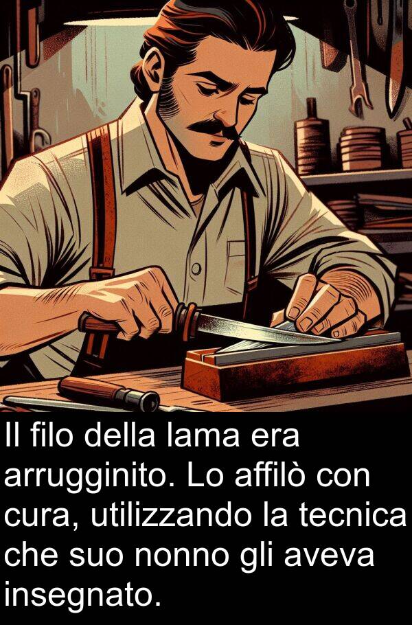 tecnica: Il filo della lama era arrugginito. Lo affilò con cura, utilizzando la tecnica che suo nonno gli aveva insegnato.