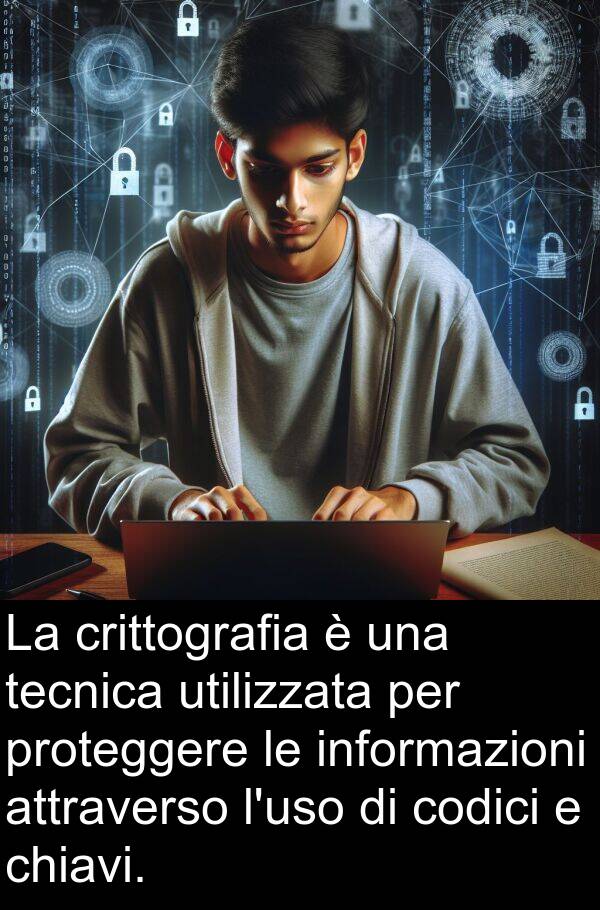 tecnica: La crittografia è una tecnica utilizzata per proteggere le informazioni attraverso l'uso di codici e chiavi.