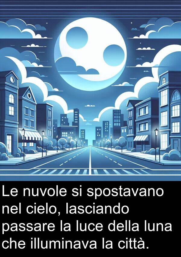 illuminava: Le nuvole si spostavano nel cielo, lasciando passare la luce della luna che illuminava la città.