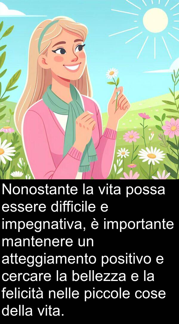 nelle: Nonostante la vita possa essere difficile e impegnativa, è importante mantenere un atteggiamento positivo e cercare la bellezza e la felicità nelle piccole cose della vita.