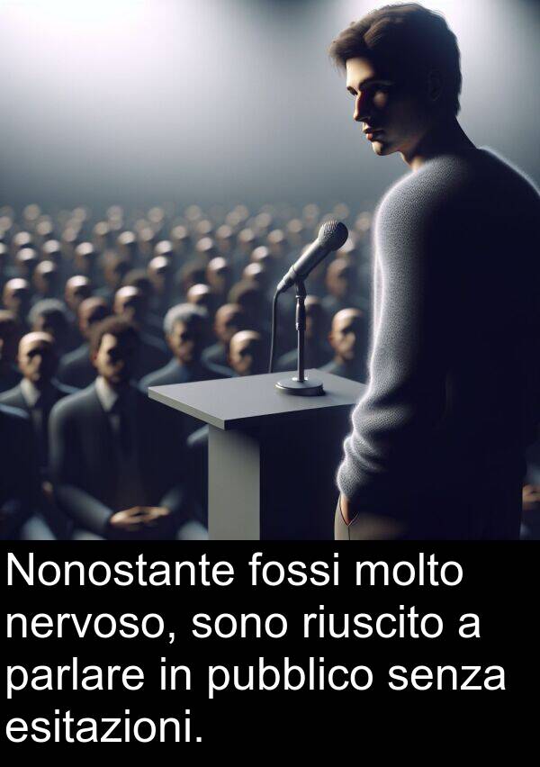 parlare: Nonostante fossi molto nervoso, sono riuscito a parlare in pubblico senza esitazioni.