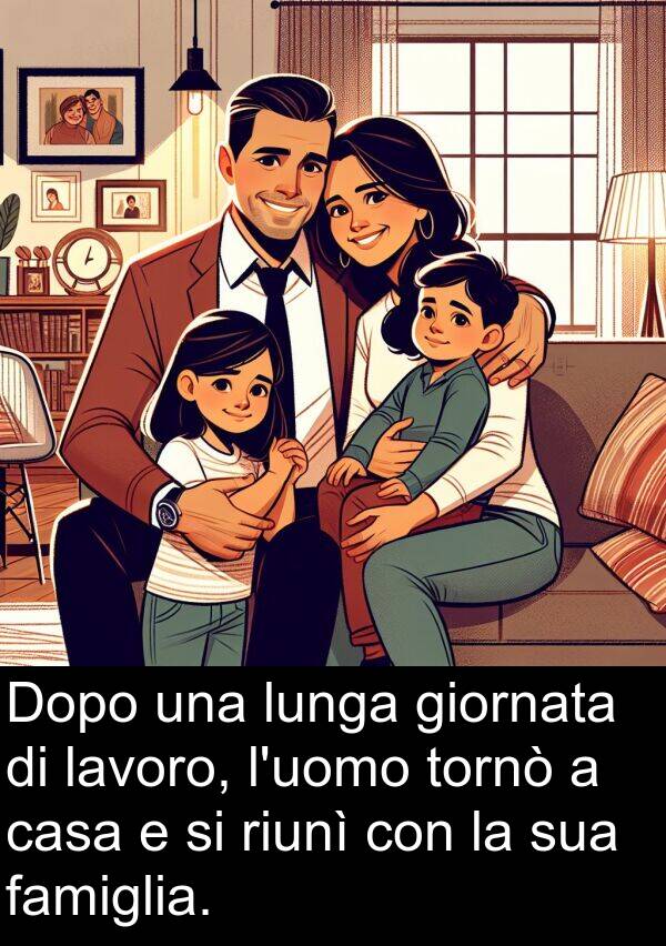 famiglia: Dopo una lunga giornata di lavoro, l'uomo tornò a casa e si riunì con la sua famiglia.