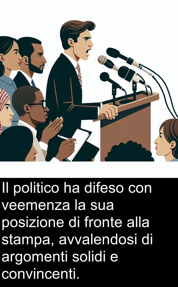 posizione: Il politico ha difeso con veemenza la sua posizione di fronte alla stampa, avvalendosi di argomenti solidi e convincenti.