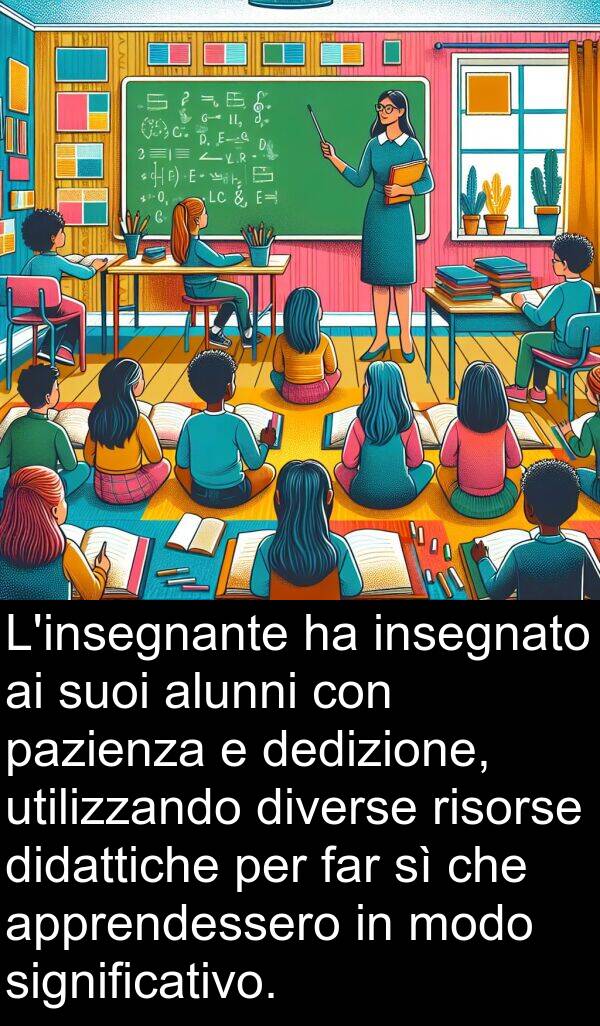 dedizione: L'insegnante ha insegnato ai suoi alunni con pazienza e dedizione, utilizzando diverse risorse didattiche per far sì che apprendessero in modo significativo.