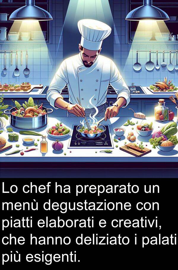 deliziato: Lo chef ha preparato un menù degustazione con piatti elaborati e creativi, che hanno deliziato i palati più esigenti.