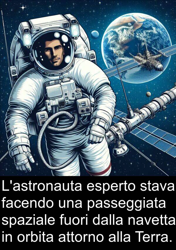 facendo: L'astronauta esperto stava facendo una passeggiata spaziale fuori dalla navetta in orbita attorno alla Terra.