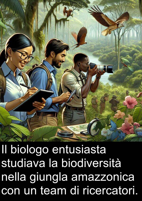 team: Il biologo entusiasta studiava la biodiversità nella giungla amazzonica con un team di ricercatori.