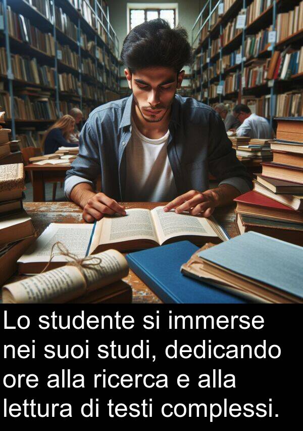 immerse: Lo studente si immerse nei suoi studi, dedicando ore alla ricerca e alla lettura di testi complessi.