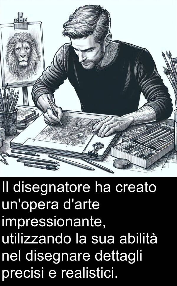 impressionante: Il disegnatore ha creato un'opera d'arte impressionante, utilizzando la sua abilità nel disegnare dettagli precisi e realistici.