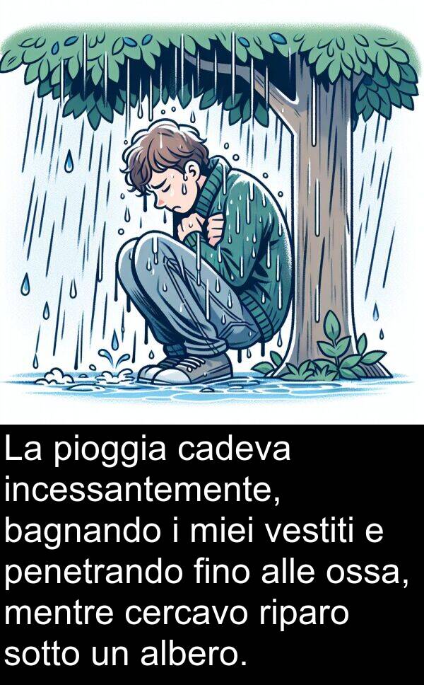 sotto: La pioggia cadeva incessantemente, bagnando i miei vestiti e penetrando fino alle ossa, mentre cercavo riparo sotto un albero.