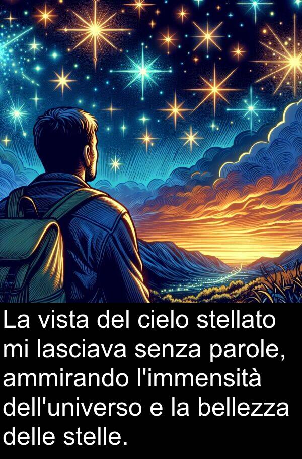 parole: La vista del cielo stellato mi lasciava senza parole, ammirando l'immensità dell'universo e la bellezza delle stelle.