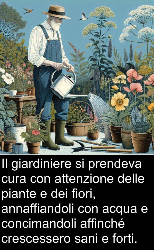 acqua: Il giardiniere si prendeva cura con attenzione delle piante e dei fiori, annaffiandoli con acqua e concimandoli affinché crescessero sani e forti.