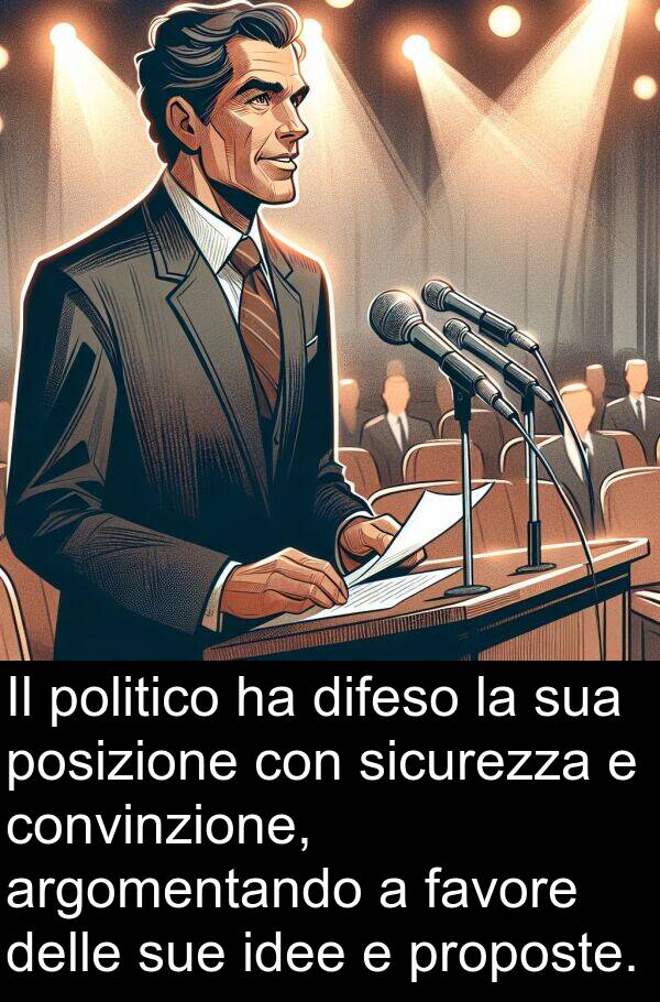 posizione: Il politico ha difeso la sua posizione con sicurezza e convinzione, argomentando a favore delle sue idee e proposte.