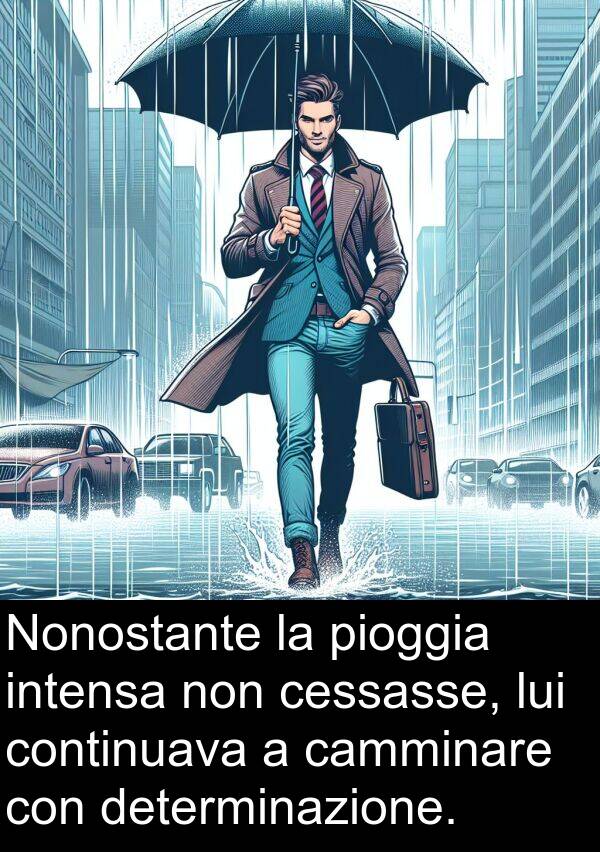 camminare: Nonostante la pioggia intensa non cessasse, lui continuava a camminare con determinazione.