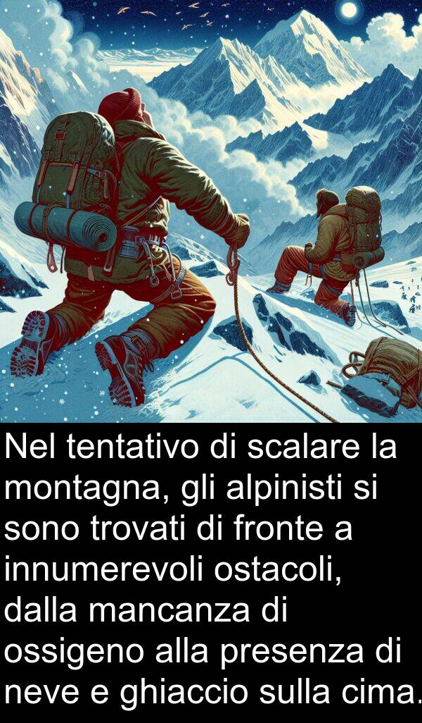 tentativo: Nel tentativo di scalare la montagna, gli alpinisti si sono trovati di fronte a innumerevoli ostacoli, dalla mancanza di ossigeno alla presenza di neve e ghiaccio sulla cima.